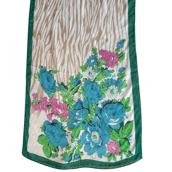 Silky sheer chiffon scarf long rectangle blue green tan tropical floral flowers - Picture 5 of 8
